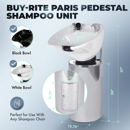 Buy-Rite Paris Pedestal Shampoo Unit with stainless steel base, white tilting porcelain bowl, faucet, spray hose, drain, and vacuum breaker – durable professional salon equipment.