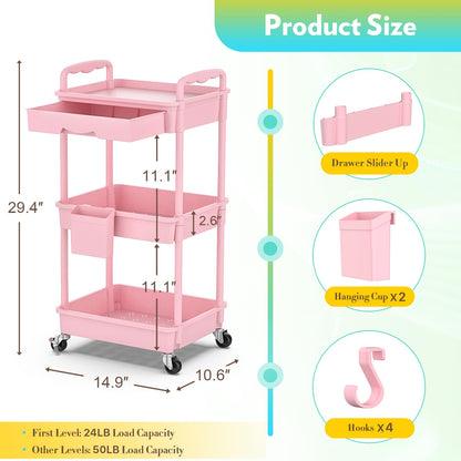 SUNALLY Makeup Cart Organizer with Drawers, Floor Skincare Organizers Vanity Storage Organizer, Rolling Makeup Bathroom Storage Cart Cosmetics Display Cases for Skin Care Perfume Nail Polish, Pink