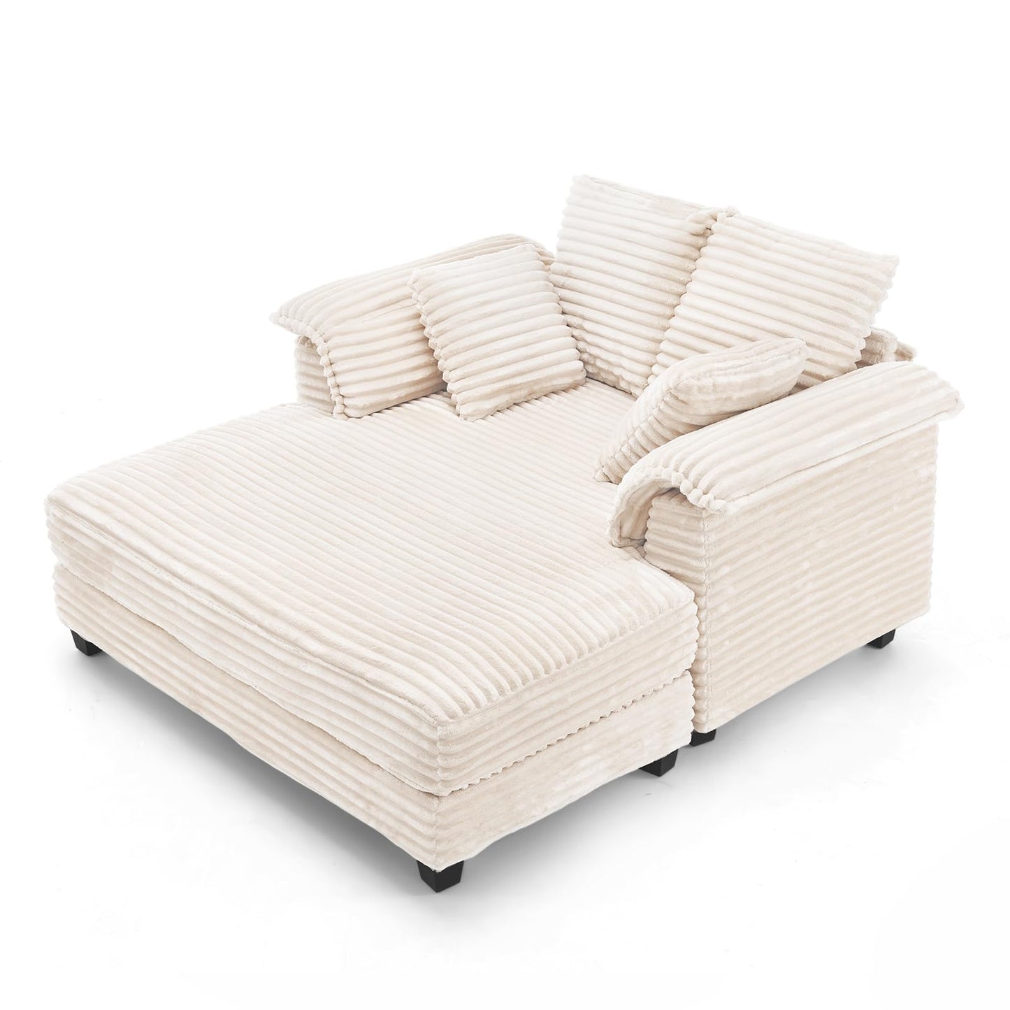 VINGLI 56" Oversized Chaise Lounge Chair, Beige Comfy Corduroy Chaise Sofa Recliner Bed Upholstered Sleeper Couch Bed with Throw Pillows and Armrests for Living Room, Movie Room, Bedroom