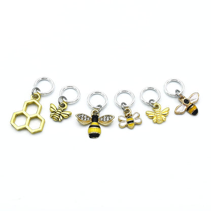 Honey Bee Knitting Stitch Markers with Storage Tin | Ring Style Closed Rings | Bee & Honeycomb Charms for Knitters | Gift for Yarn Lovers | Handmade by Pretty Warm Designs