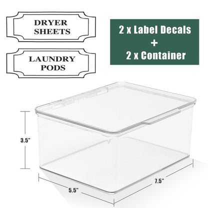 SSTATES Clear Acrylic Dryer Sheets Holder, Flip-top Laundry Pods Container with 2 Label Decals for Laundry Room Organization and Décor, Stackable Storage Box (2 Pack)