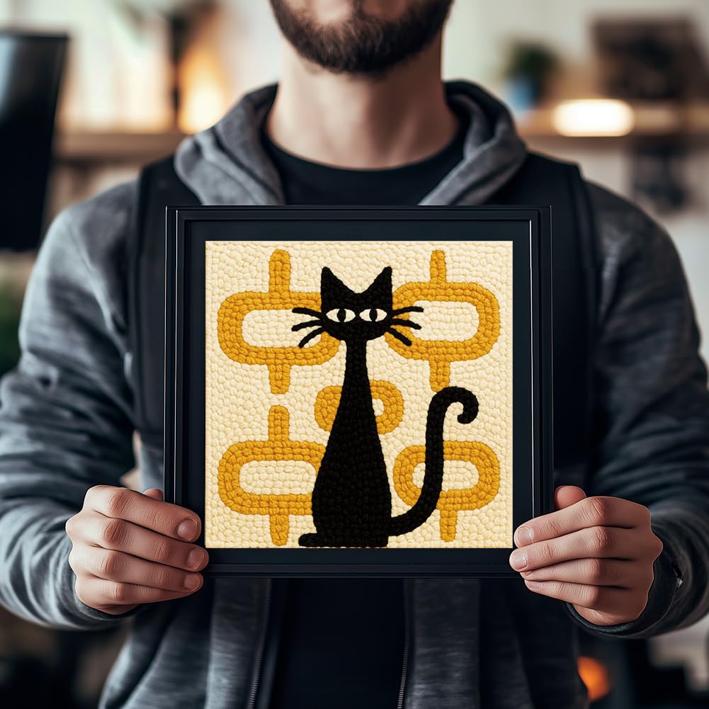 FREEBLOSS DIY Punch Needle Kit Abstract Cat Punch Needle Embroidery Wall Hanging Painting Punching Needles Starter Kit for Beginners with Complete Tools, Already Framed, 9.4x9.4inch