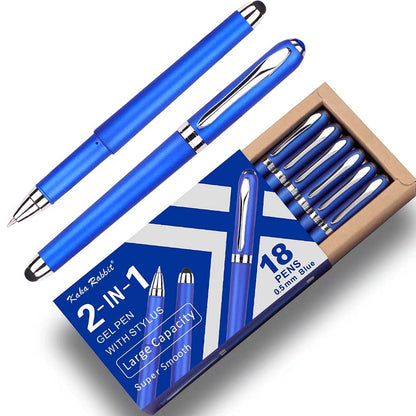 KAKA RABBIT Gel Ink Rollerball Stylus Pen - 18 Pack,0.5mm Fine Point,2 in 1 Capacitive Stylus Pen,Large Capacity Blue Ink,Writing Smoothly for Office,Business,Gift,Metal Silver Clip