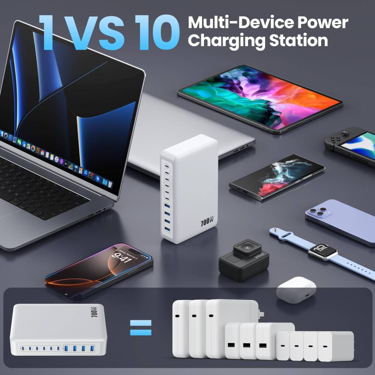 USB C Charger 200W USB C Charger Block,Upgraded GaN III 8-Port Fast Charging Station Hub,PD 65W Laptop Charging Adapter Compatible with MacBook Pro/Air,DELL,Steam Deck,iPhone 16/15/14,Galaxy S23/22