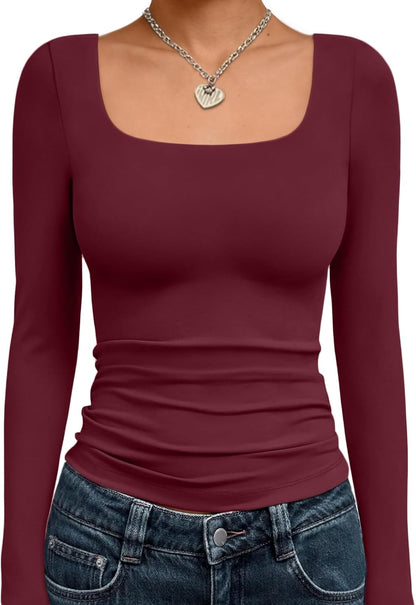 Trendy Queen Womens Long Sleeve Shirts Crop Tops Fall Fashion 2025 Square Neck Going Out Basics Tees Y2k Clothes