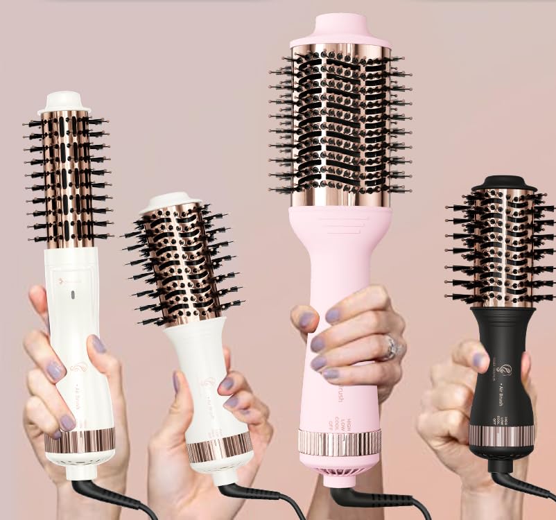 110-240V Travel Brush Hair Dryer, Small Hair Straightener Brush with European Plug Adapter for International Travel, 4 in 1 Hot Air Styler & Dryer for Drying Straightening Curling Volumizing