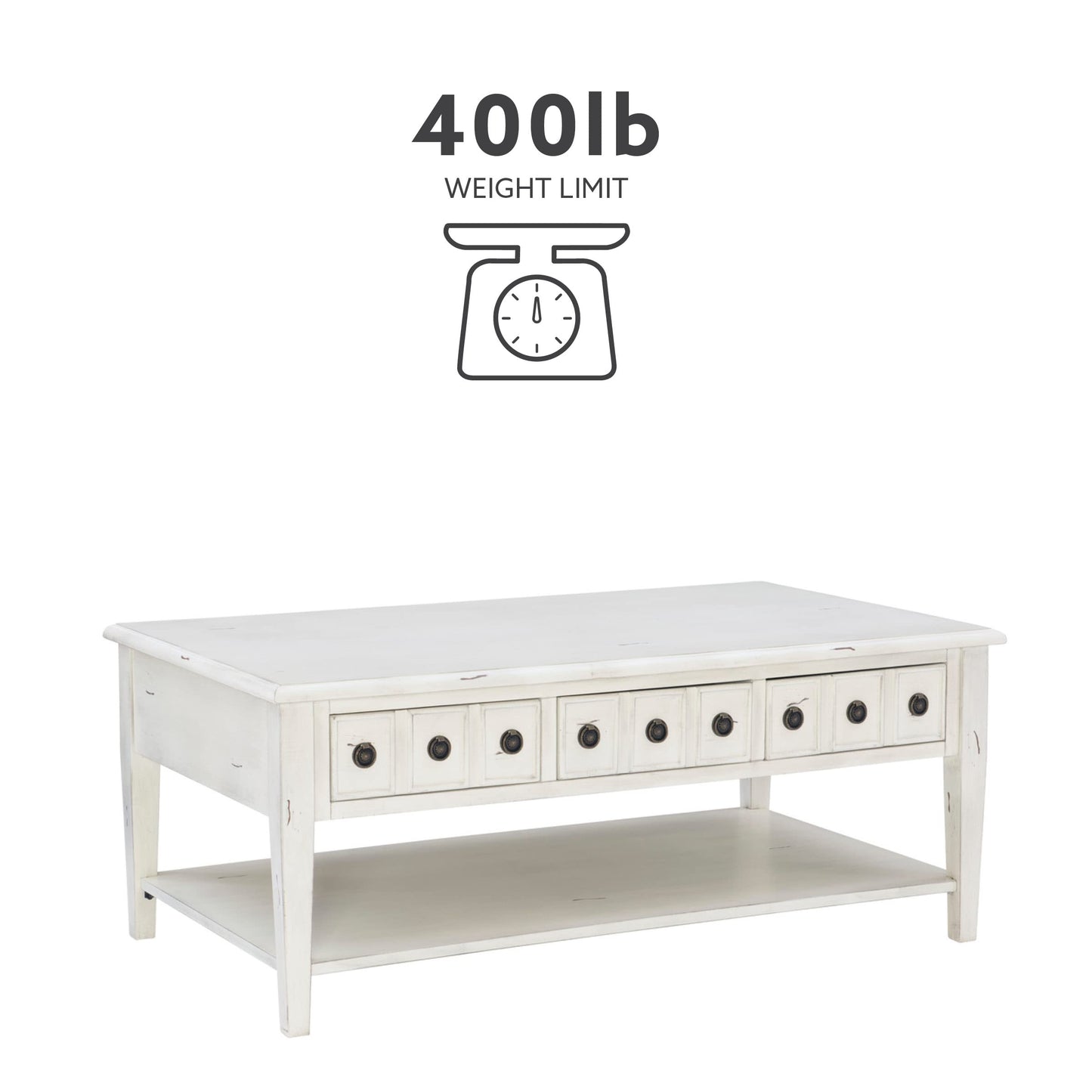 Powell Kelly Cream Coffee Table with Three Pull Thru Drawers and Open Shelf