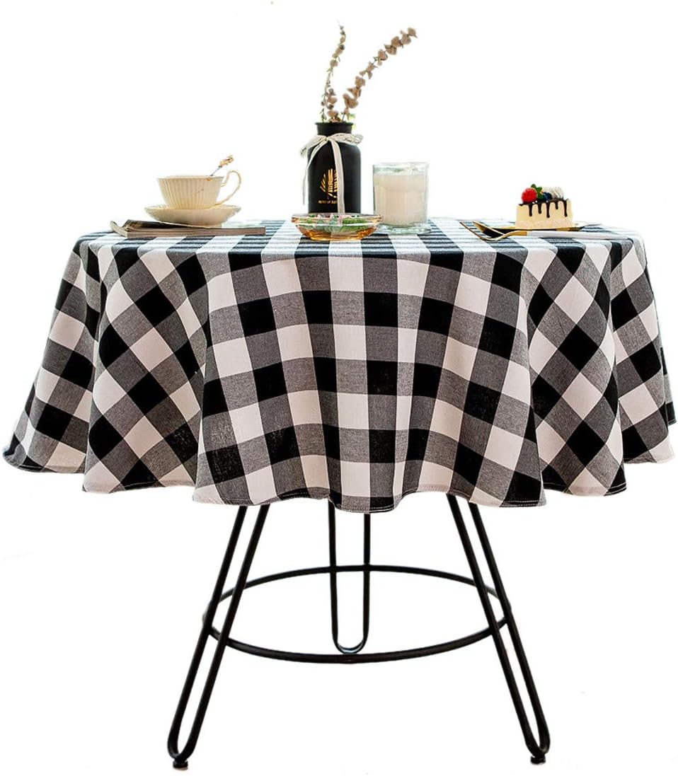 Buffalo Plaid Round Tablecloth, Checkered Cotton Linen Table Cover for Kitchen Dining Room, 48 Inch