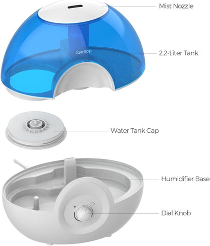 raydrop Cool Mist 2.2L Humidifier for Bedroom, Whisper-Quiet Ultrasonic, Auto Shut-Off, Night Light