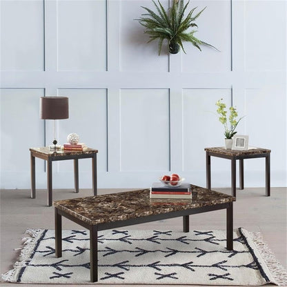 Lexicon Tempe 3-Piece Faux Marble Coffee Table Set, Brown Marble Look Top with Black Metal Frame, Modern Living Room Set with 1 Cocktail Table & 2 End Tables