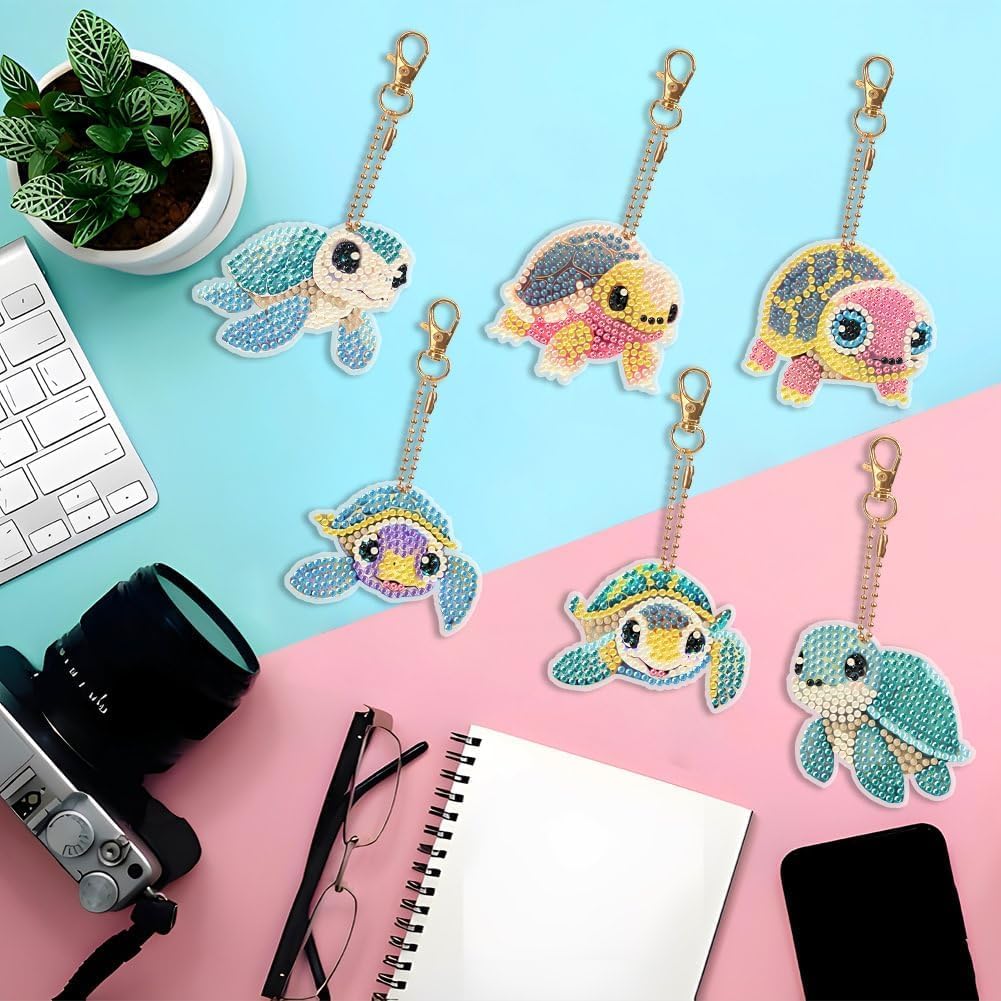 YUE ZHE 6 PCS Sea Turtle Diamond Art Kits for Adults Double Sided Diamond Art Keychains Animal DIY 5D Painting Keychains Kits for Adults Beginners DIY Crafts