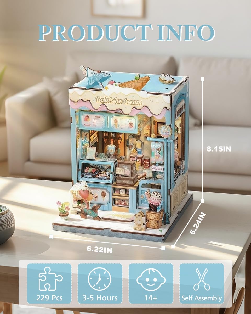 Cutefun Book Nook Kit - DIY Miniature Dollhouse Kit for Adults and Teens, 3D Wooden Puzzle Bookshelf Insert Decor with LED Light, Gifts for Book Lovers and Beginners (Bella's Ice Cream)