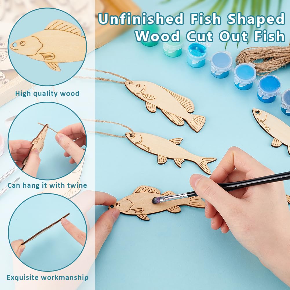 AHANDMAKER 3 Styles 30Pcs Wooden Fish Cutouts, Fish Shape Unfinished Blank Wooden Signs with Hemp Rope, Wood Craft Supplies, Fish Hanging Ornaments for Home Pets Themed Party Decoration DIY Crafts