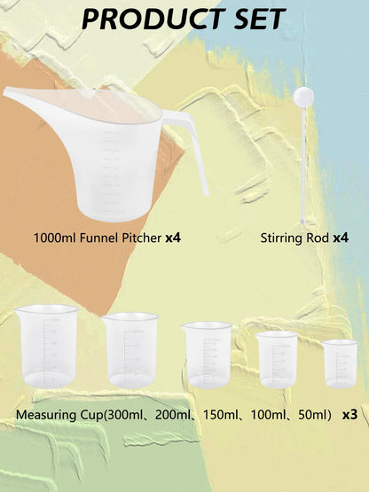 Artcome Funnel Pitcher Set - 4 Pack, 1000ml Plastic Measuring Pitchers with Funnels, 4 Stirring Rods, and 15 Small Measuring Cups for Soap Making, Resin Casting, Baking, and DIY Crafts
