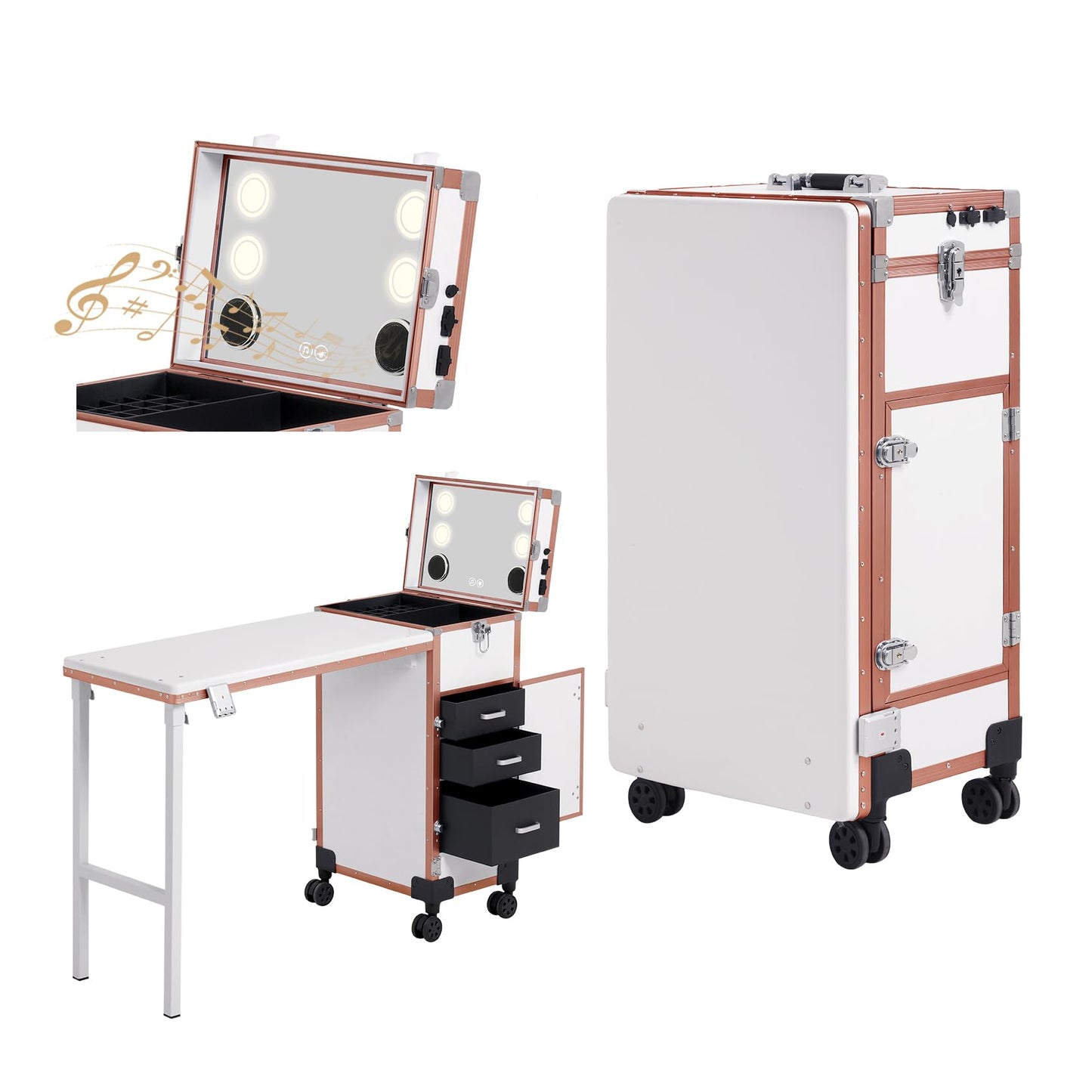 Rolling Portable Manicure Table with 3 Drawers, Lockable Makeup Train Case with Mirror & Nail Polish Organizer, Foldable Nail Desk with Wheels & Handle for Mobile Nail Techs & Salon Use,White