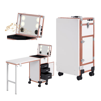 Rolling Portable Manicure Table with 3 Drawers, Lockable Makeup Train Case with Mirror & Nail Polish Organizer, Foldable Nail Desk with Wheels & Handle for Mobile Nail Techs & Salon Use,White