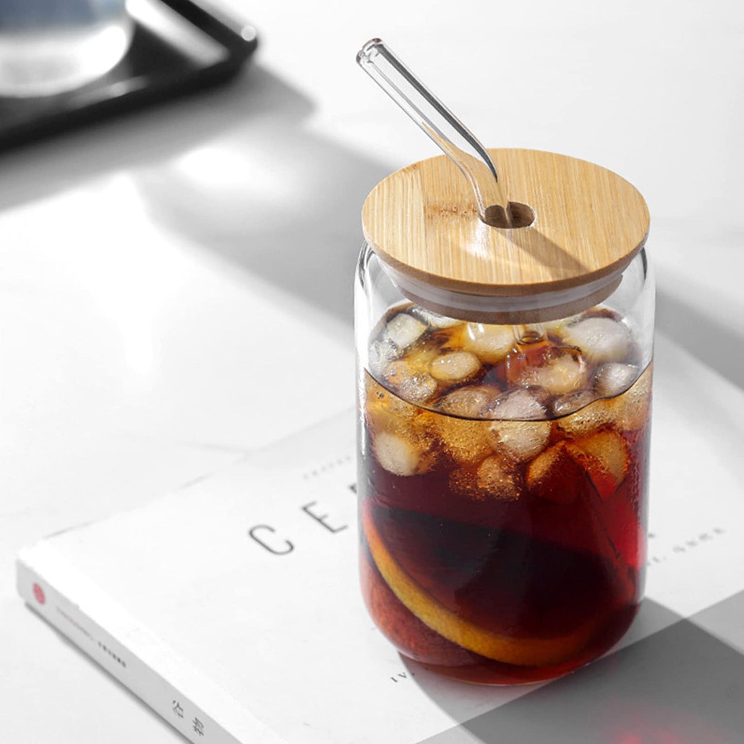 WISIMMALL Drinking Glasses with Bamboo Lids and Glass Straw 2PCS Set, 16oz Glass Cups with Lids and Straws, Beer, Iced Coffee Glasses, Soda, Gift 1 Cleaning Brushes