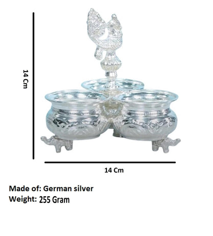 Sigaram German Silver 3 Cup Panchwala with Peacock Handle Kum Kum Holder for Home Temple Pooja Festival K4003