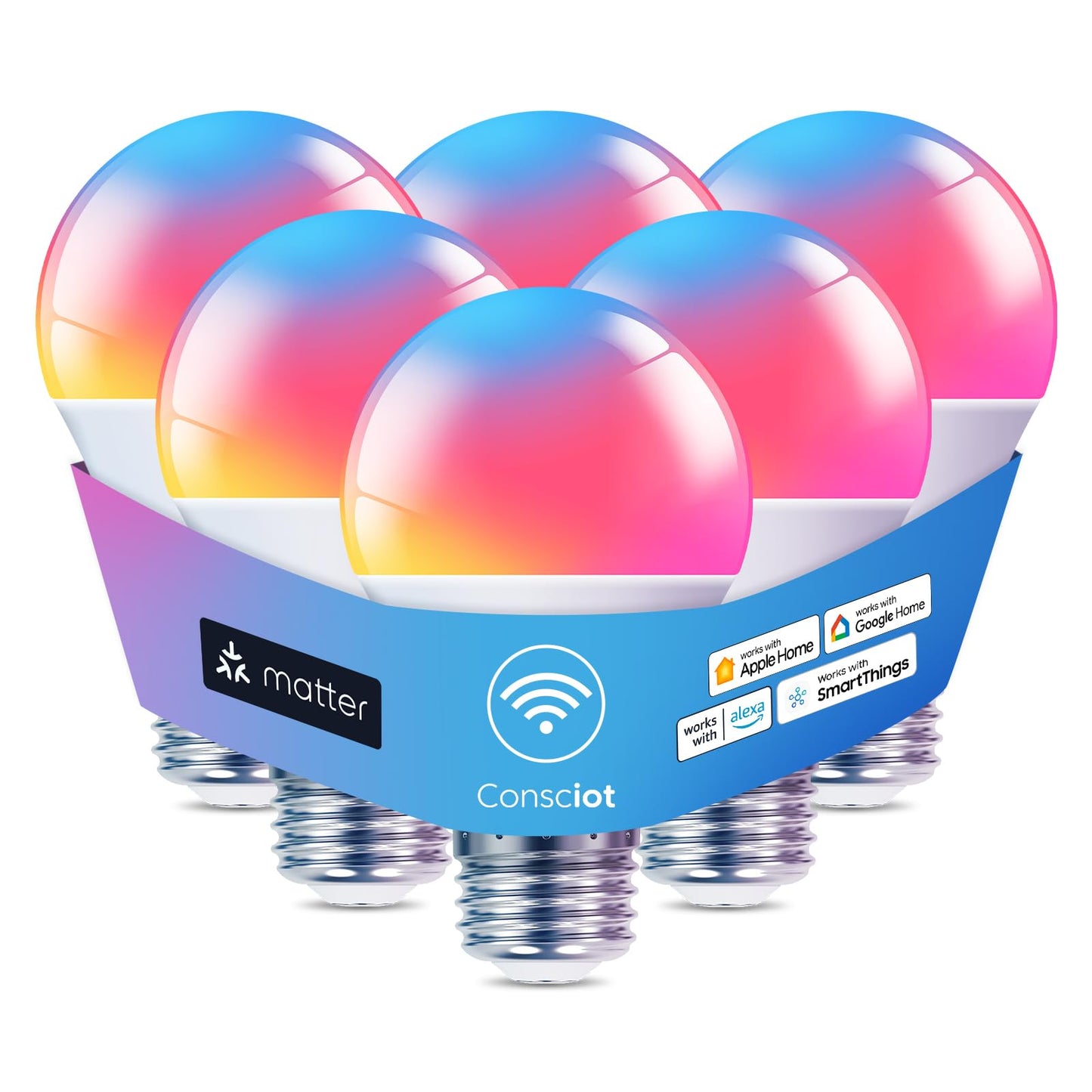Consciot Smart Light Bulbs, WiFi Bluetooth Color Changing LED Light Bulb, Music Sync, 60W Equivalent Smart Bulb, A19 E26 RGBTW Light Bulbs That Works with Alexa/Google Home/Apple Home/Siri, 3 Pack