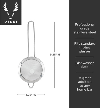 Viski Cone Strainer, Fine Mesh Stainless Steel Bar Tool, Small Cocktail Strainer, 9.24in