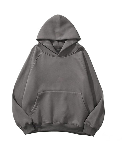 Lauweion Women Solid Basic Fleece Letter Loose Hoodie Sweatshirt Long Sleeve Kangaroo Pocket Drop Shoulder Pullovers Top Dark Grey