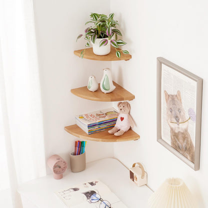 12 inches Oak Corner Shelf Natural Wood Floating Corner Shelves Round End Wall Mounted Display Shelf Corner Plant Stand