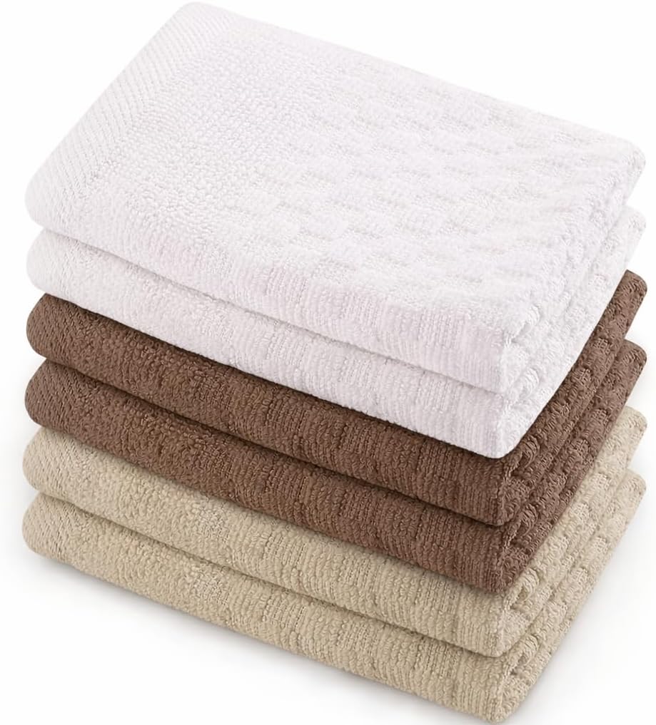 12x12 inches 6 Pack, GREEN LIFESTYLE Checker Washcloths Soft, Durable, Highly Absorbent and Luxurious (Beige)