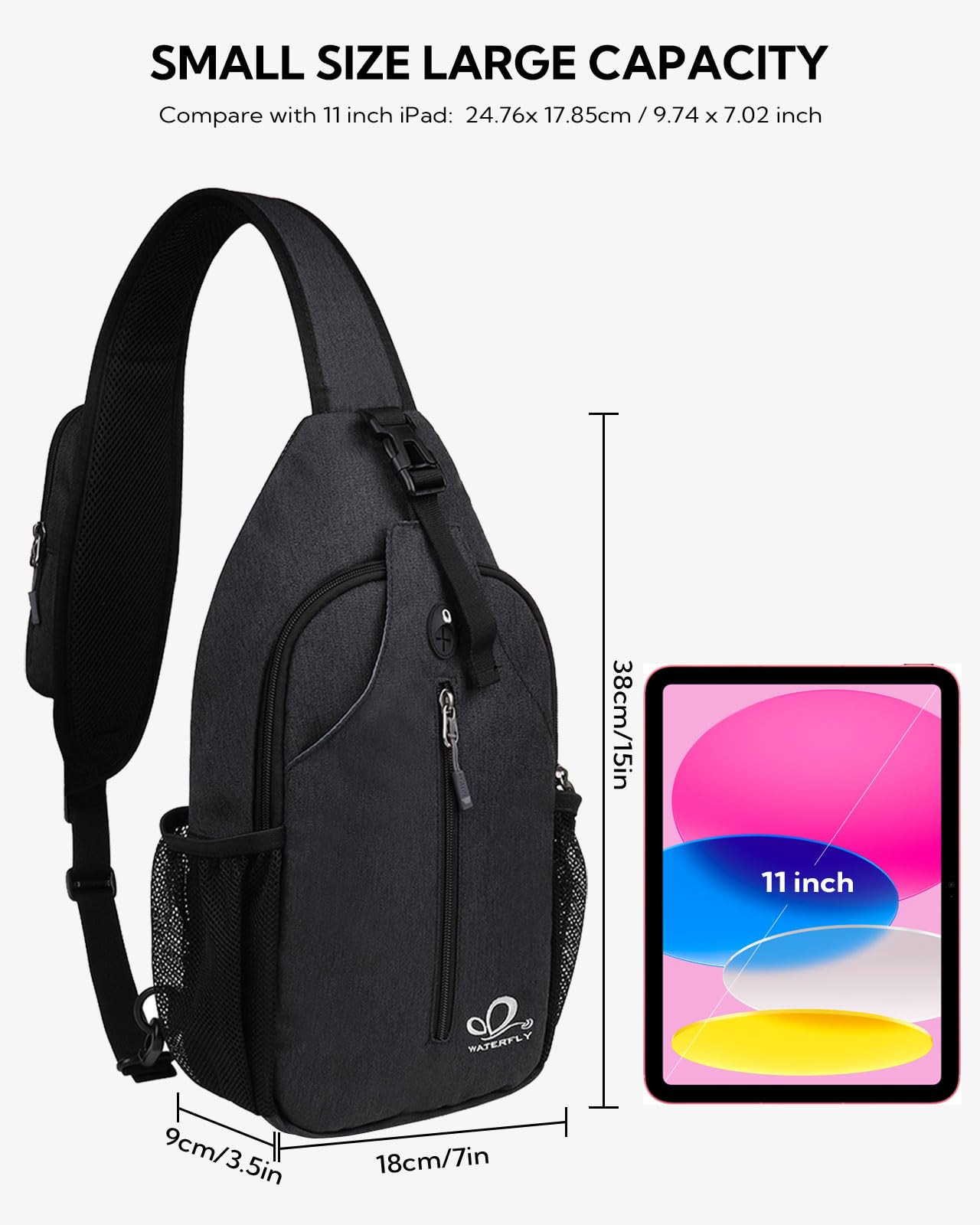 WATERFLY Crossbody Sling Backpack Sling Bag Travel Hiking Chest Bag Daypack (Black)