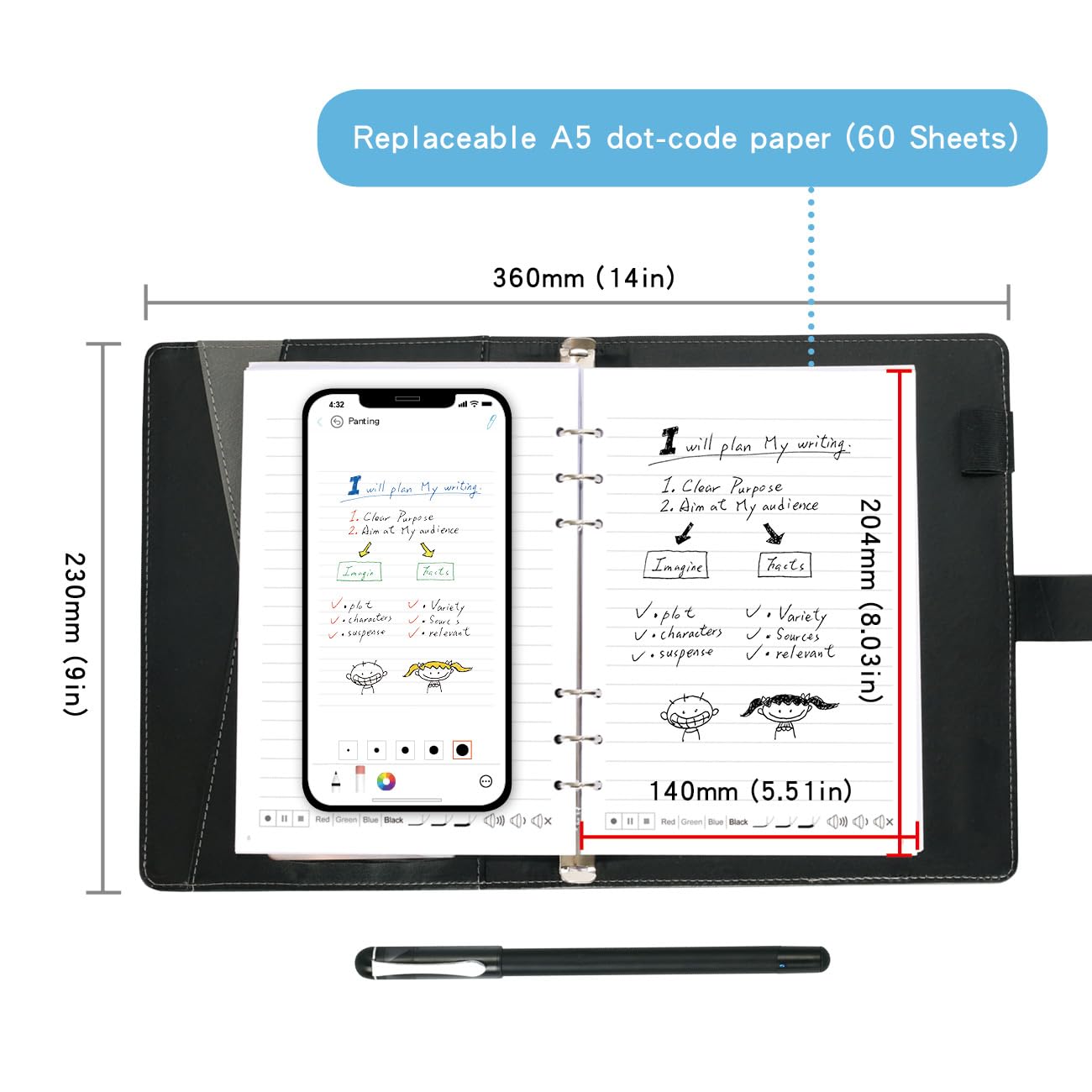 Ophayapen Digital Smart Pen Notebook and Writing Board Set, Real-time Sync for Digitizing, Convert to Text,Storing, and Sharing Paper Notes, Compatible with Smartphone (Android and iOS)