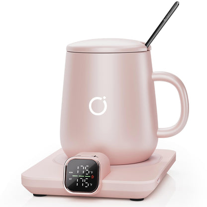Coffee Mug Warmer Set, Temperature Control Smart Heated Mug for Desk, Electric Coffee Warmer with Auto Shut Off & Real-Time Temp Display, Gifts for Men Women, 15oz, Beige
