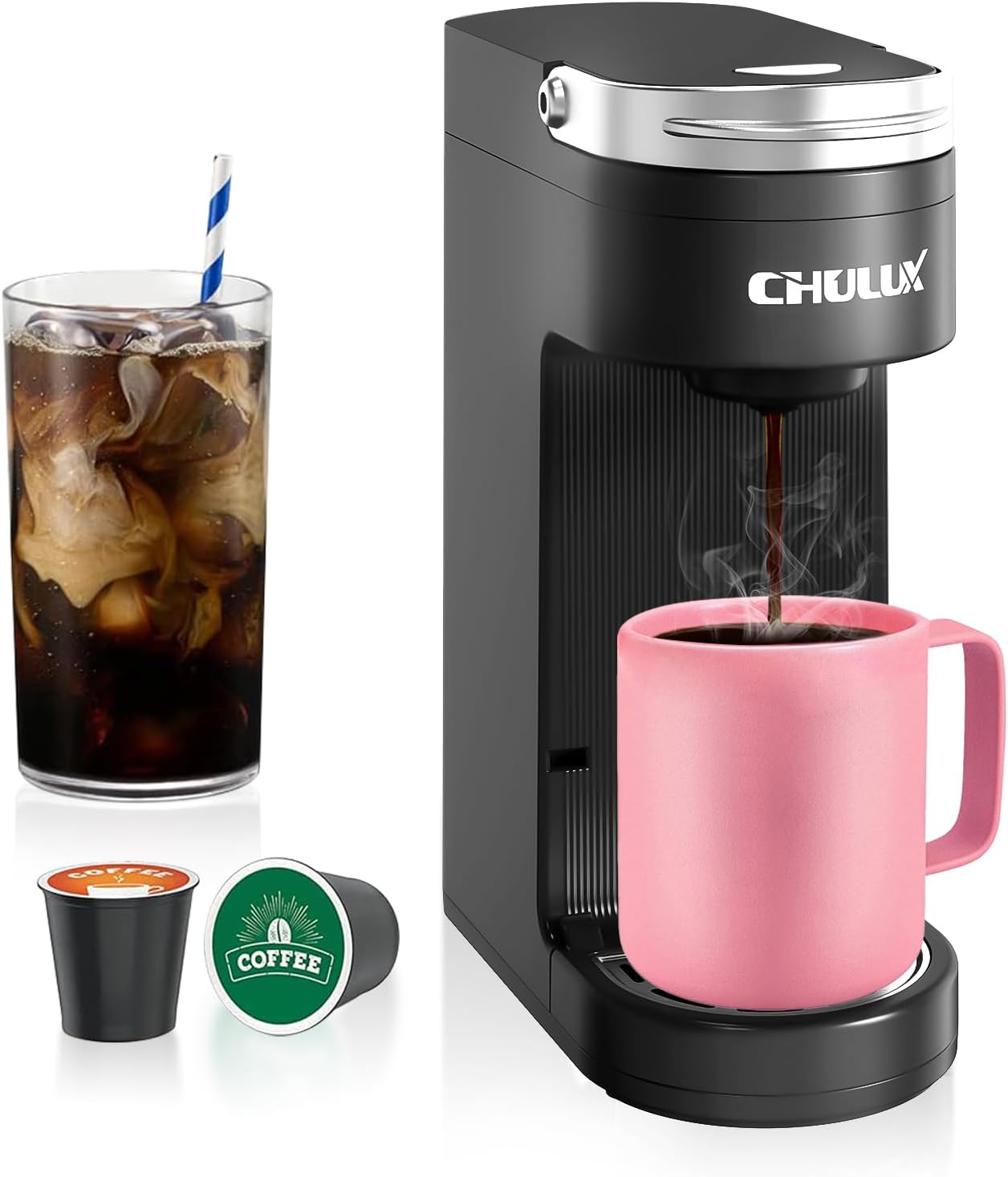 7.3" 6 12oz CHULUX Slim Single Serve Coffee Maker for K Pods, One Cup Coffee Maker Fits Travel Mugs, Coffee Machine