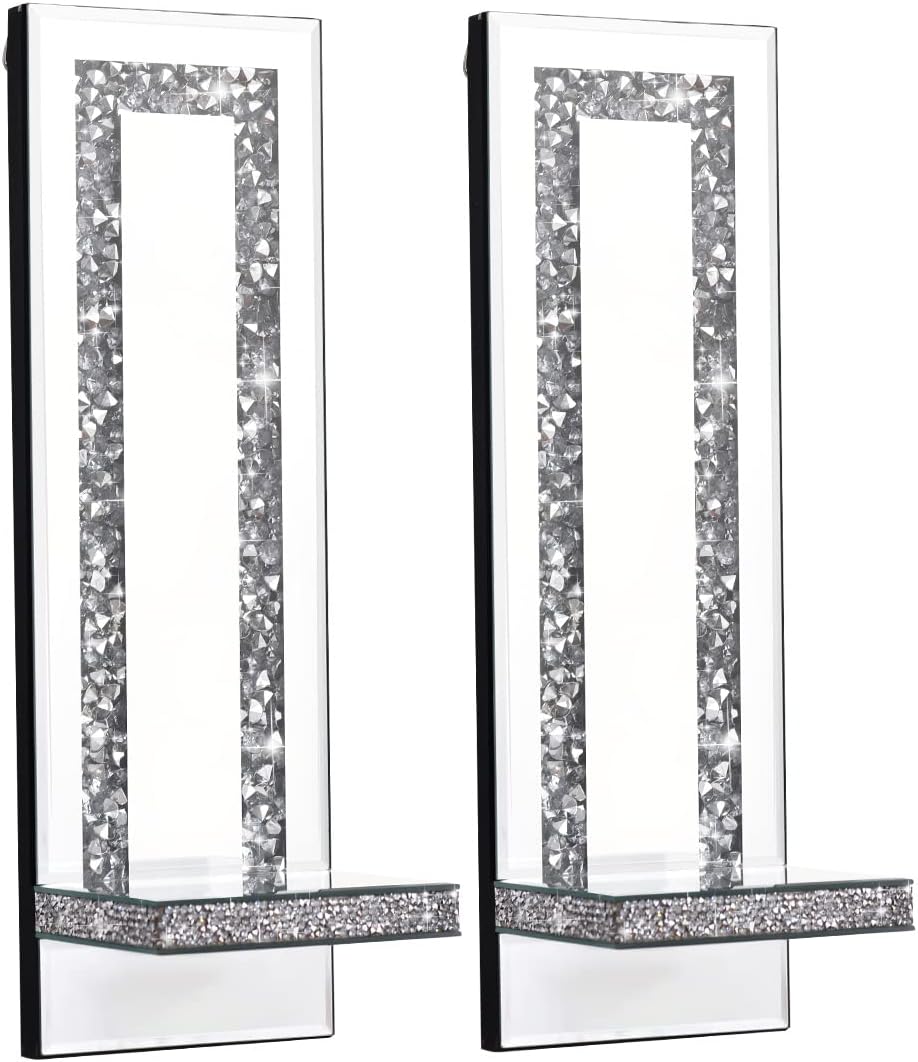 Aeveco Set 2, 4)) Crystal Crush Diamond Mirrored Candle Sconces, Silver Wall Candle Holder of Wall Decorations