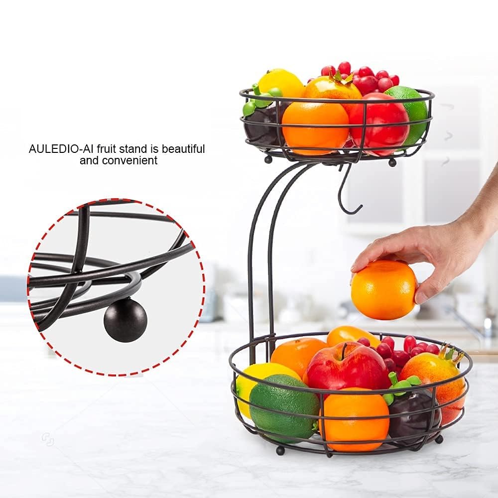 Auledio Iron 2-Tier Countertop Fruit Vegetables Basket Bowl Storage With Banana Hanger, Black, 64 ounces