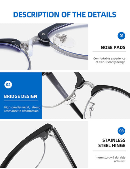SOAR&EAGLE 3 Pack Blue Light Blocking Glasses,Computer Gaming Glasses,Retro Semi Rimless UV400 Clear Lens Computer Eyewear