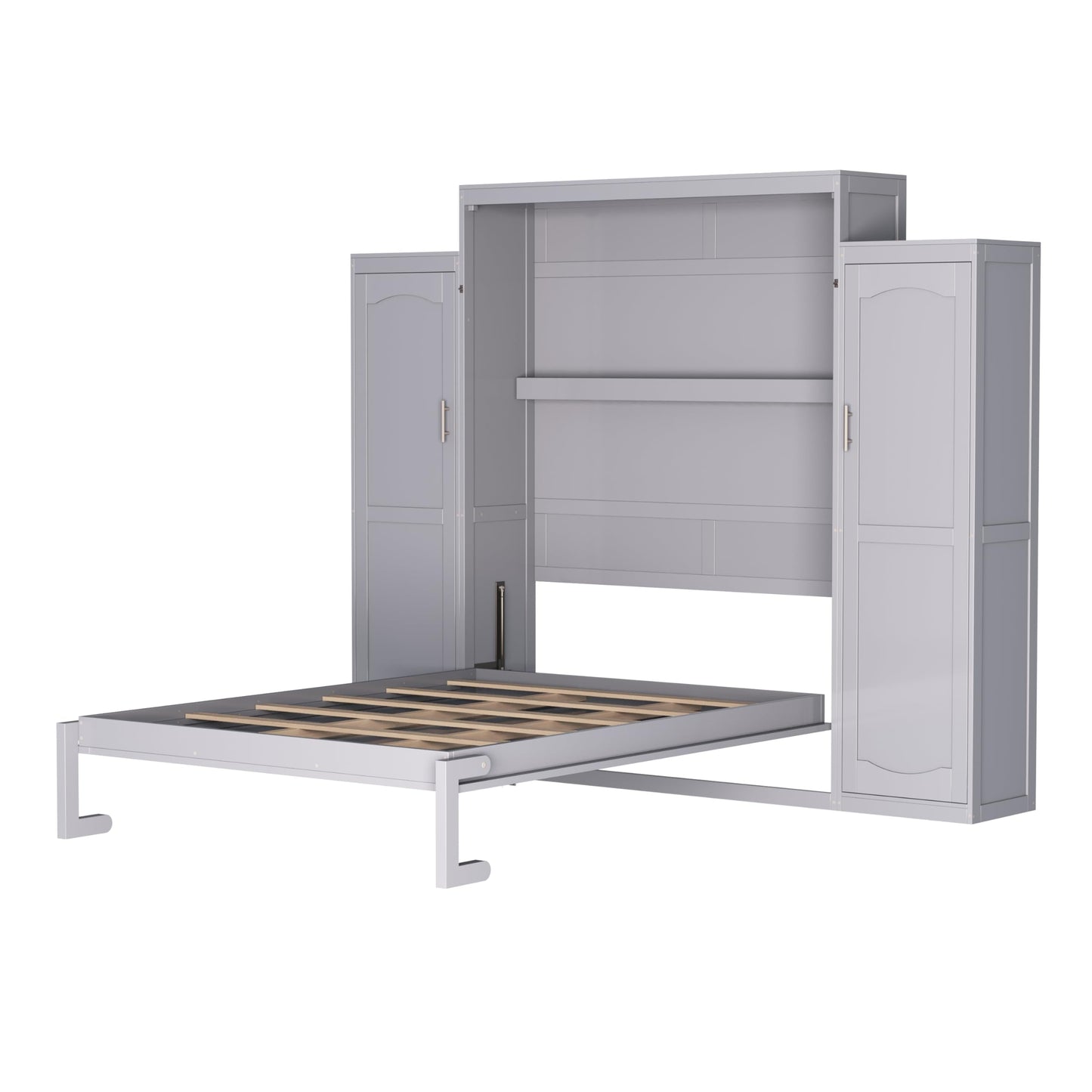 Merax Queen Size Wood Murphy Bed, with 2 Wardrobe and Storage Shelf, Multifunctional Foldable Wall Platform Bedframe for Guest-Room, Bedroom, Gray