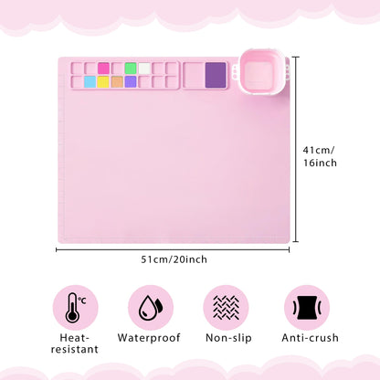 MEKOTRIN Silicone Painting Mat, 20"X16" Art Mat with Cup and Palettes, Silicone Craft Mat has 16 Color Dividers, Paint Mat for Artist Clay DIY Creations(Pink)