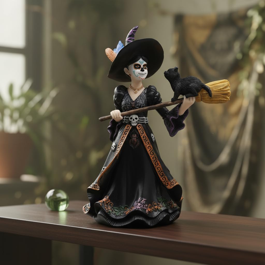 Comfy Hour 9" Dark Fairy Witch Figurine on Broom, Gothic Sorceress with Black Cat Statue, Mystical Fantasy Home Office Desktop Decor, Artisan Crafted Resin Sculpture, 1 Unit