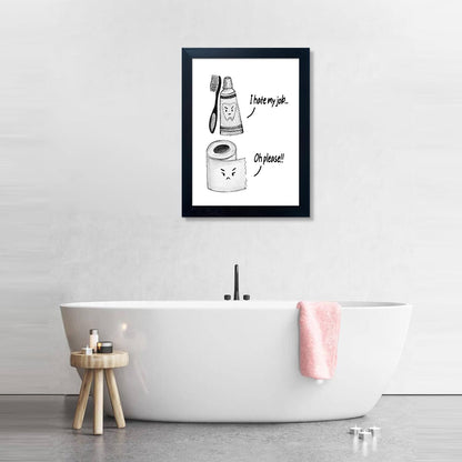 Regine Switzerland Kids Bathroom Decor - Funny Black and White Wall Art Print | Framed Toilet Paper & Toothbrush Design