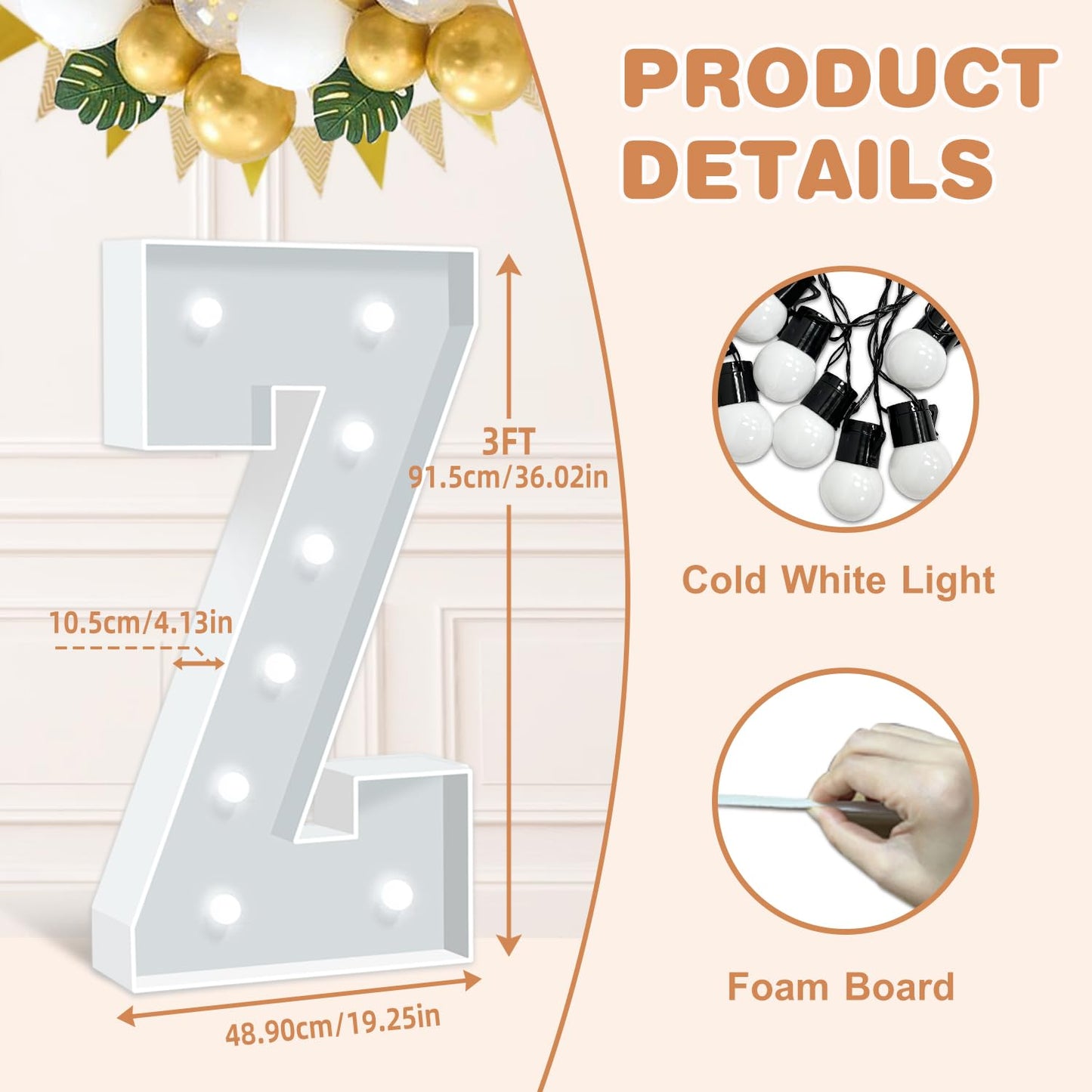 3FT Marquee Light Up Letter Z, Big Name Letters, Marry Me Letters, Baby Letters, Love Letters Light Up Sign for Anniversary Wedding Party Decoration, Pre-cut Foam Board Mosaic Balloon Kits