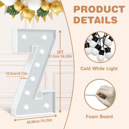 3FT Marquee Light Up Letter Z, Big Name Letters, Marry Me Letters, Baby Letters, Love Letters Light Up Sign for Anniversary Wedding Party Decoration, Pre-cut Foam Board Mosaic Balloon Kits