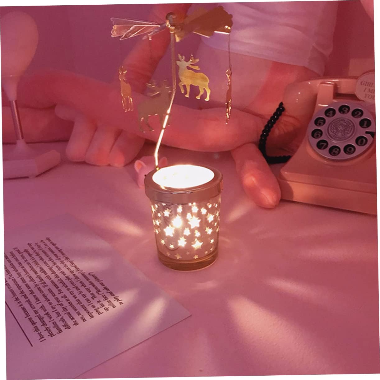 Rotating Candlestick Holder Christmas Carousel Spinning Deer Tea Light Table Decoration Gold