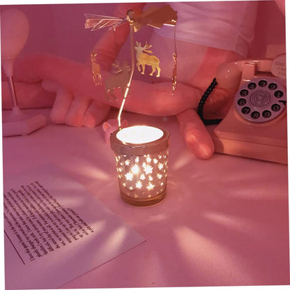 Rotating Candlestick Holder Christmas Carousel Spinning Deer Tea Light Table Decoration Gold