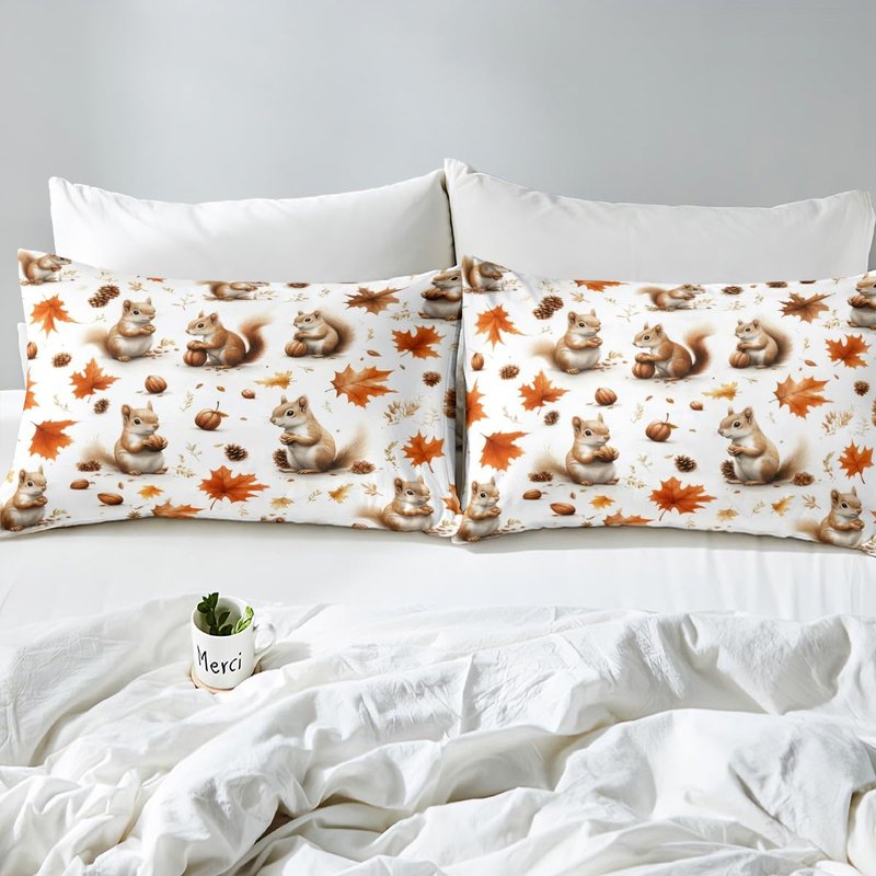 Feelyou Boys Girls Fall Autumn Sheet Set Queen Size, Cute Squirrel Bed Sheets Set Cartoon Animal Sheets with Deep Pocket Fitted Sheet Kids Maple Leaf Teens Bedding Set with 2 Pillow Case