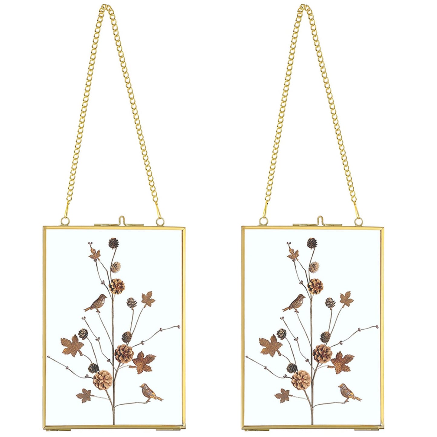 JUXYES Set of 2 Wall Hanging Brass Frames Ornament for Pressed Flowers, Double Glass Hanging Picture Artwork Display Frame, Vertical Gold Floating Style Gallery Wall Frame for Photo Picture Poster etc, 5x7 Inches
