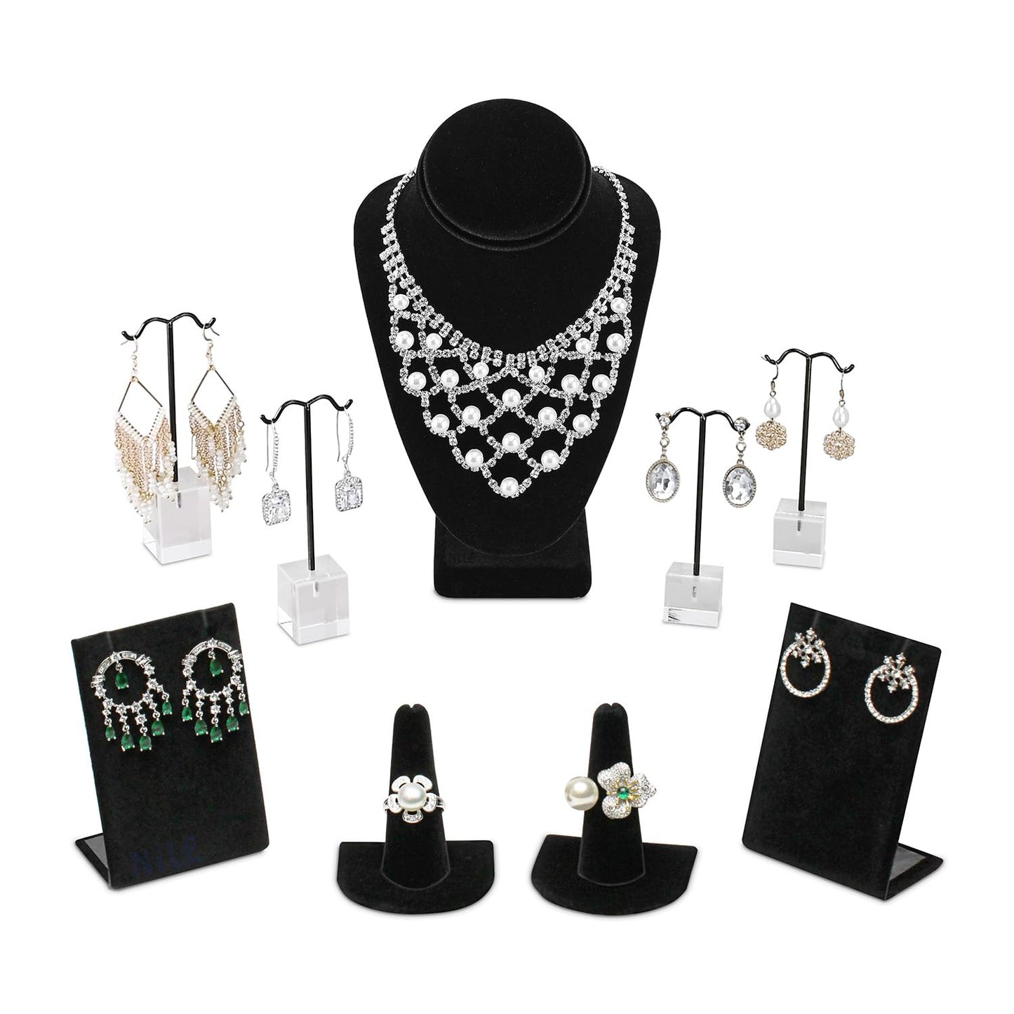 MOOCA 9 Pcs Jewelry Display Set, Necklace Display Bust, Earring Organizer, Ring Holder Stand for Showcase and Store, Black Velvet