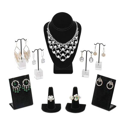 MOOCA 9 Pcs Jewelry Display Set, Necklace Display Bust, Earring Organizer, Ring Holder Stand for Showcase and Store, Black Velvet