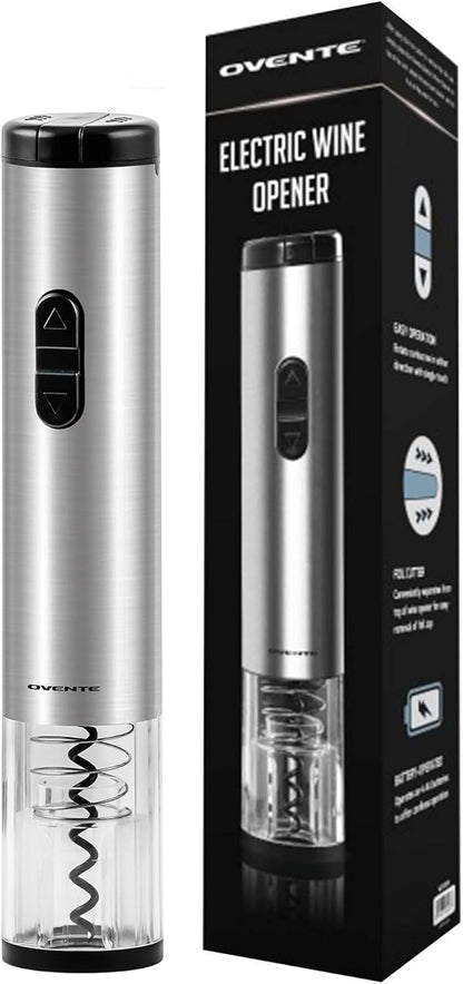 OVENTE Electric Wine Opener with Foil Cutter, Automatic Bottle Corkscrew Remover, Battery Operated, Silver WO1381S