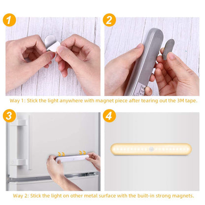 OUSFOT Cabinet Lighting 4 Pieces 20 LEDs Wireless Under Cabinet Light with Motion Sensor USB Rechargeable Battery Wardrobe Lighting Warm White Stick on for Cabinets, Stairs, Kitchen