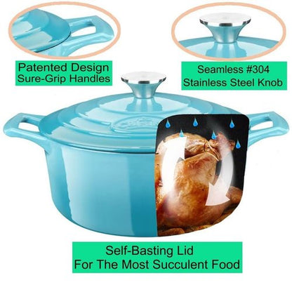 La Cuisine Enameled Cast Iron Dutch Oven Casserole Dish Pot with Lid, 5 QT 10.2" /26cm Dia. Internal Matt Black Enamel Coating for bread baking,Teal Enamel Finish Exterior, Oven Safe up to 500° F