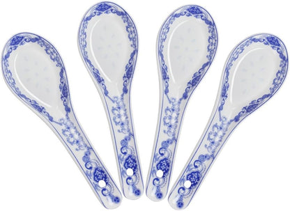 Set of 4 Porcelain Chinese Knot Blue Floral Soup Spoons, 5-Inch